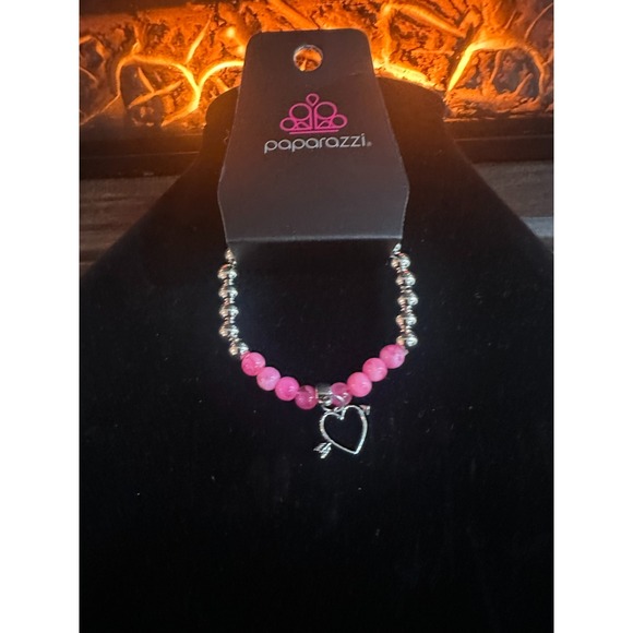 Paparazzi Pink Beaded Bracelet Heart Arrow Charm Silver Tone Valentine's‎ - Picture 1 of 4